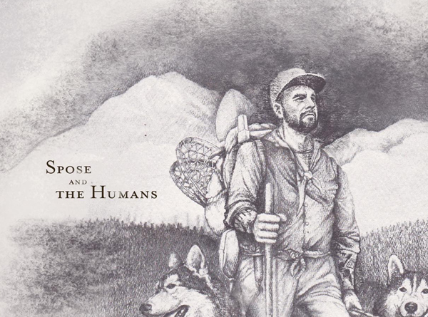 Spose Live in Denver artwork: Drawing of Spose hiking with dogs.