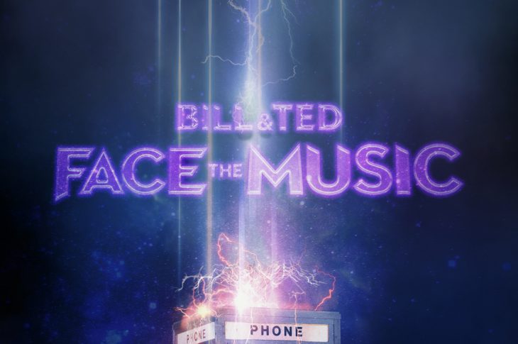 Bill & Ted Face The Music Soundtrack Cover art. Purple text and Phone booth