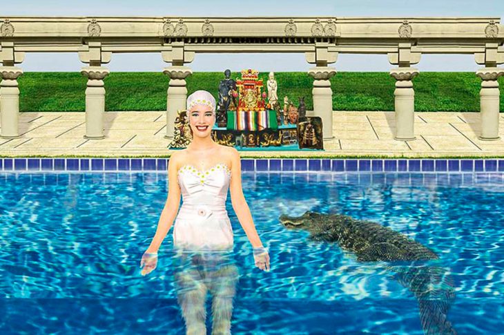 Tiny Music album artwork. Woman in bathing suit and cap standing in pool with aligator.
