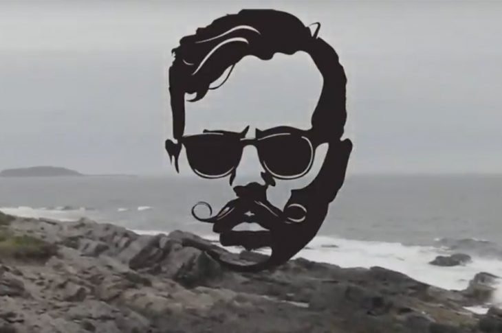 Illustration of Jacob McCurdy's face over Maine coastal footage